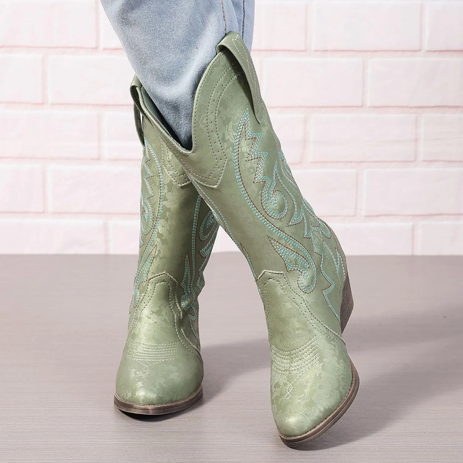 Women's Silver Cowboy Boots, Pointy Toe, Mid Calf, Chunky Heel, Wide Calf, Faux Suede, Pull-On, Suede Lining, Rubber Sole, Casual, Everyday Wear, Social Occasions